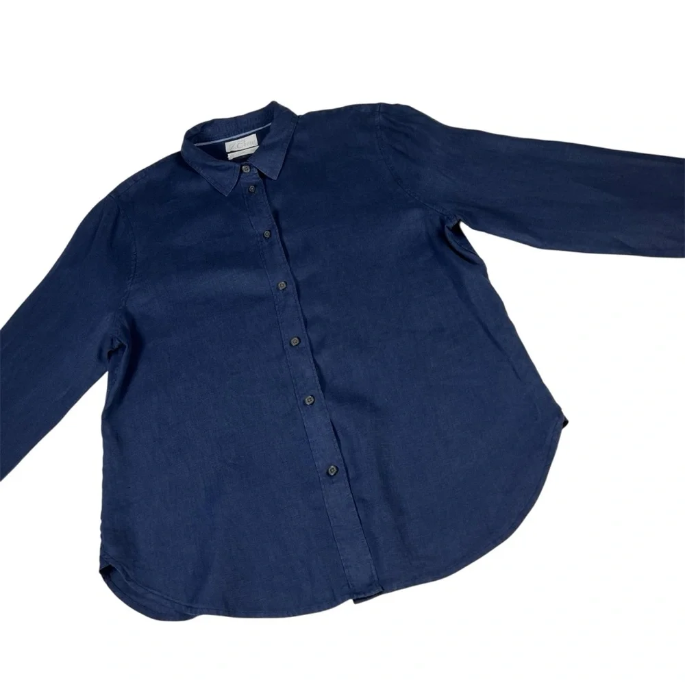 J. Crew Baird McNutt Irish Linen Navy Blue Button Down Blouse Size 14 Slim EUC - Picture 3 of 9